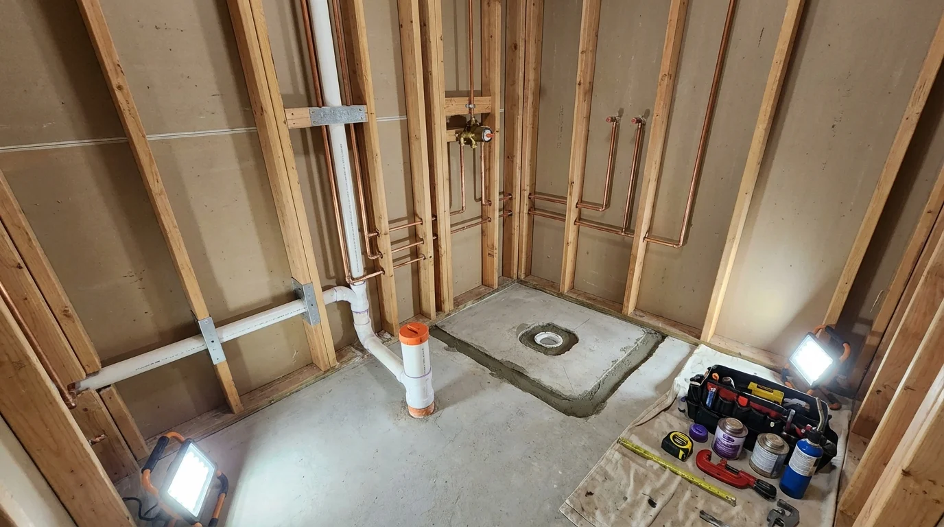 Bathroom rough-in plumbing during remodel by Johns Plumbing LLC in Vandergrift