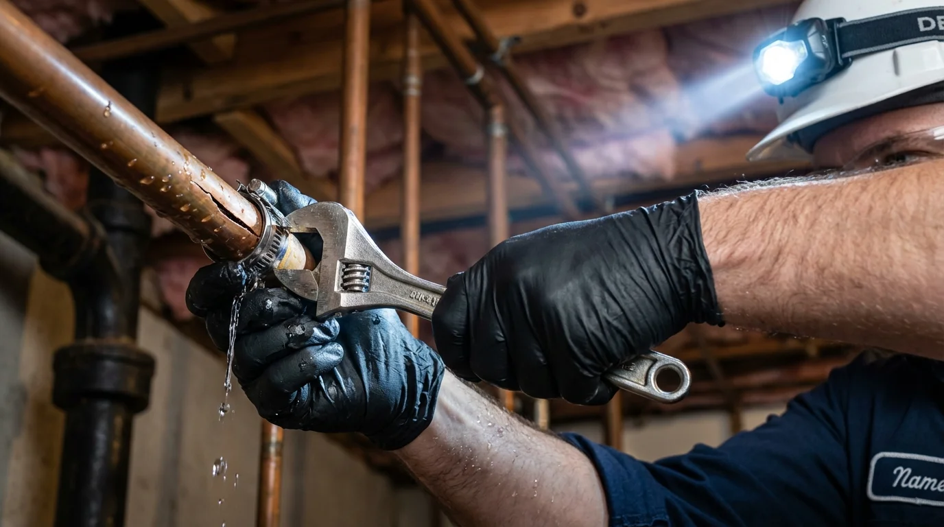 Emergency pipe clamp repair being performed by a Johns Plumbing LLC plumber in Vandergrift