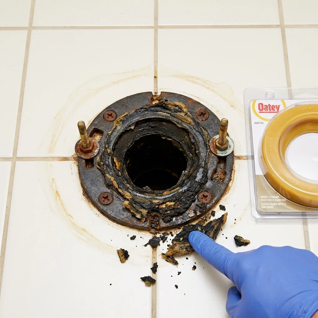 Failed wax ring showing water seepage at the base of a toilet in a Vandergrift, PA home